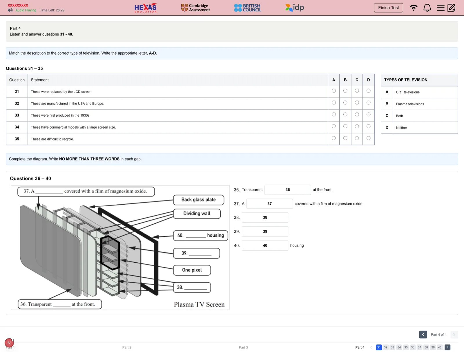 HEXA IELTS online listening test interface