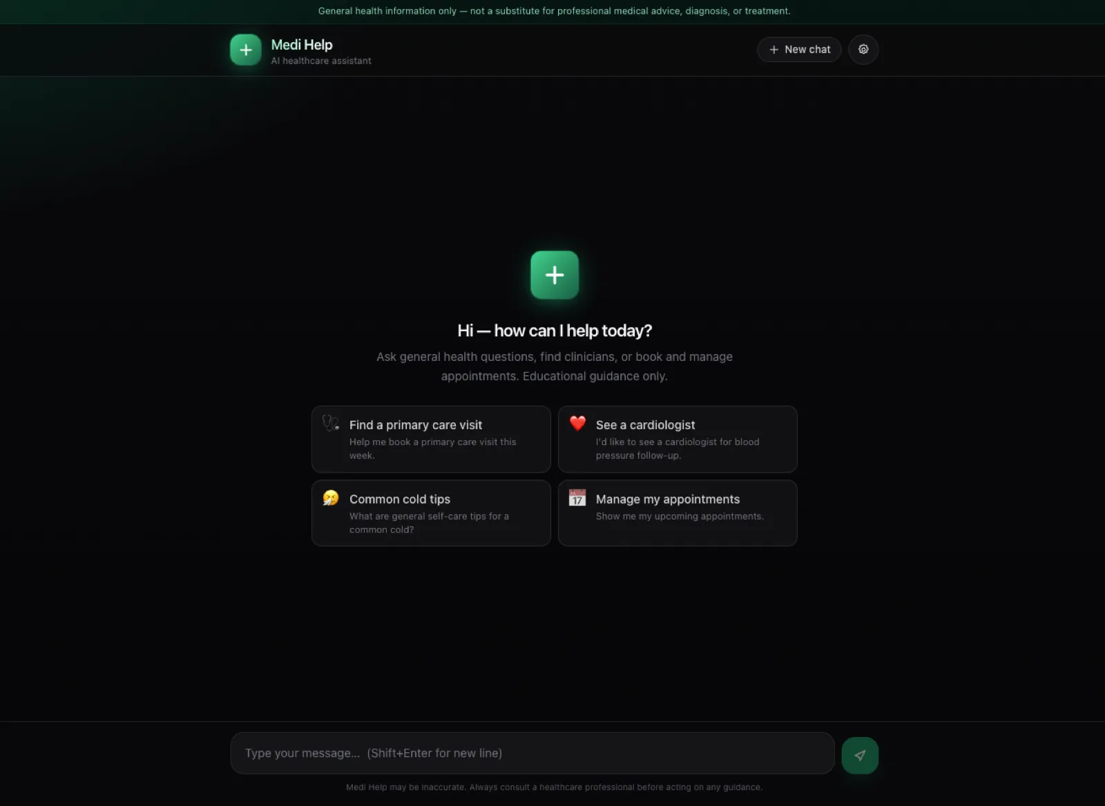Medi Help AI healthcare assistant homepage
